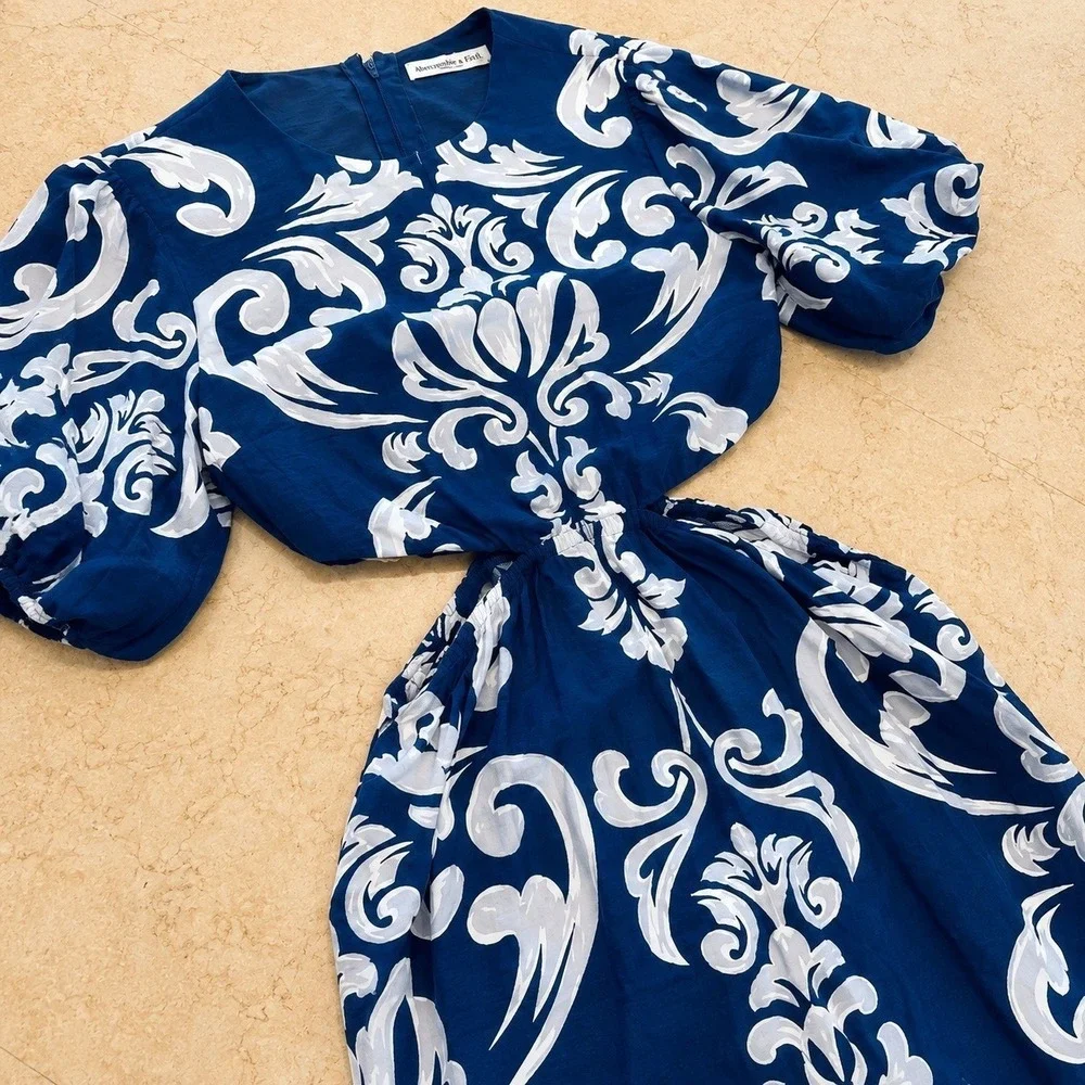 Abercrombie & Fitch Dress XS Blue Waist Cutout Damask Puff Sleeve Maxi Midi Boho